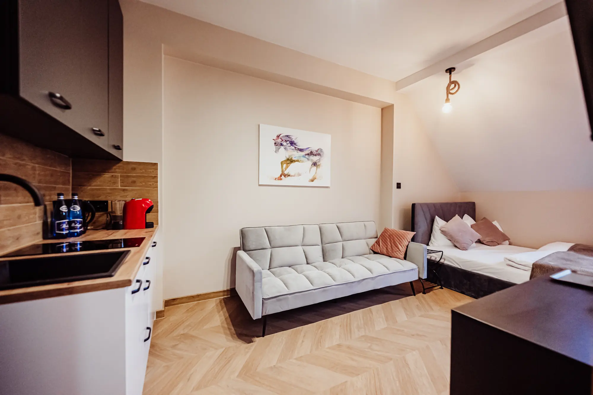 Aneks kuchenny, sofa i łóżko w apartamencie Przygoda A1